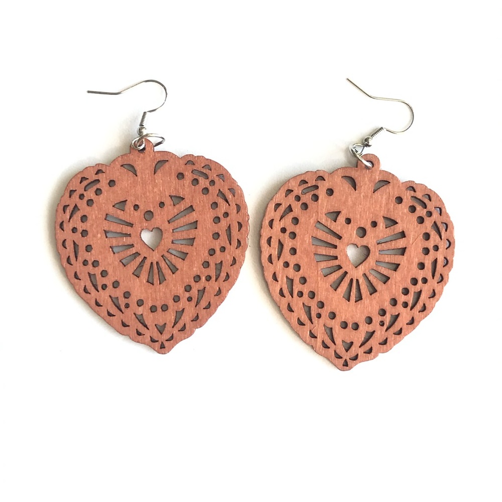 NEW unique laser cut wooden heart earrings